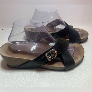 Vionic Mallorca 41 Women US 10 Black Leather Strap Orthaheel Cork Wedge Sandal